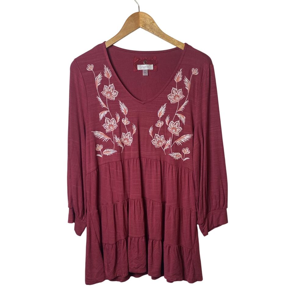 Cupio Burgundy Embroidered Tiered Tunic Cottagecore Boho Women's Size Large